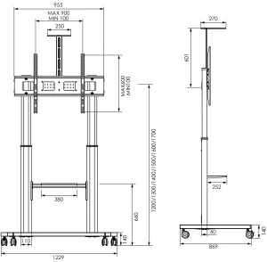 Vogel's ESSENTIAL T1041 pojízdný stojan pro TV 65-110", 100 kg, 120-170 cm, černý - obrázek 3