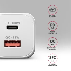 AXAGON ACU-PQ100W, GaN nabíječka do sítě 100W, USB-A + USB-C, PD3.0/PPS/QC4+/SFC2.0/Apple, bílá - obrázek 12