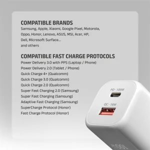 AXAGON ACU-PQ100W, GaN nabíječka do sítě 100W, USB-A + USB-C, PD3.0/PPS/QC4+/SFC2.0/Apple, bílá - obrázek 13