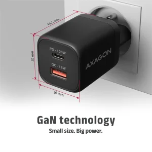 AXAGON ACU-PQ100, GaN nabíječka do sítě 100W, USB-A + USB-C, PD3.0/PPS/QC4+/SFC2.0/Apple, černá - obrázek 2