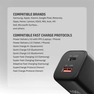 AXAGON ACU-PQ100, GaN nabíječka do sítě 100W, USB-A + USB-C, PD3.0/PPS/QC4+/SFC2.0/Apple, černá - obrázek 7