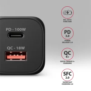 AXAGON ACU-PQ100, GaN nabíječka do sítě 100W, USB-A + USB-C, PD3.0/PPS/QC4+/SFC2.0/Apple, černá - obrázek 8