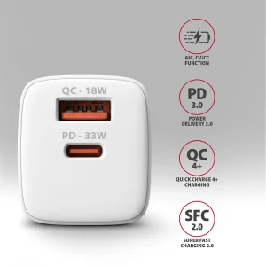 AXAGON ACU-PQ33W, GaN nabíječka do sítě 33W, USB-A + USB-C, PD3.0/PPS/QC4+/SFC2.0/Apple, bílá - obrázek 8