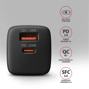 AXAGON ACU-PQ33, GaN nabíječka do sítě 33W, USB-A + USB-C, PD3.0/PPS/QC4+/SFC2.0/Apple, černá - obrázek 3