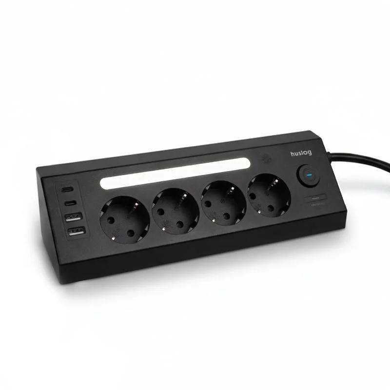 Nabíjecí stanice Huslog 15W 4xzásuvka, 2xUSB-C, 2xUSB, 1x LED světlo černá