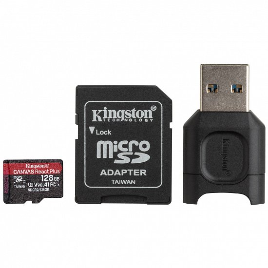 128GB microSDXC Kingston Canvas React Plus UHS-II V90 + adapter + čtečka