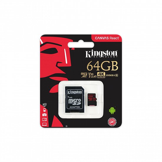 64GB microSDXC Kingston Canvas React  U3 100R/80W V30 A1 + SD adapter