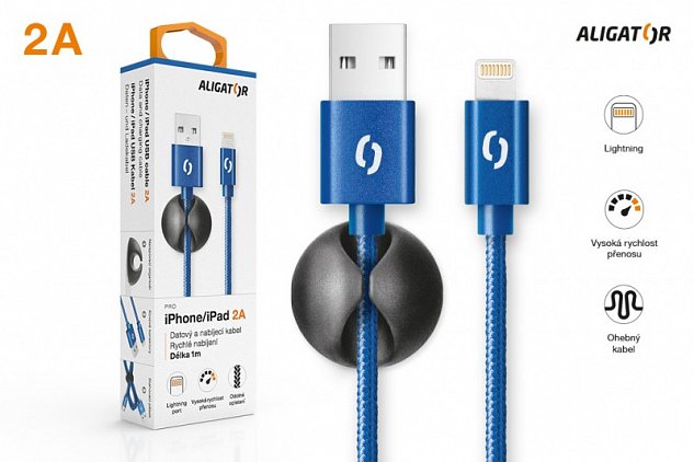 ALIGATOR PREMIUM Datový kabel 2A, Lightning modrý