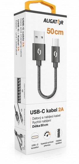 ALIGATOR PREMIUM 2A kabel, 50cm USB-C, černý