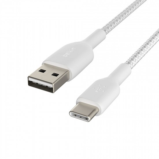 BELKIN kabel oplétaný USB-C - USB-A, 2m, bílý