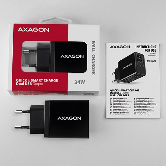 AXAGON ACU-QS24, QC & SMART nabíječka do sítě 24W, 2x USB-A port, QC3.0/AFC/FCP + 5V/1.2A