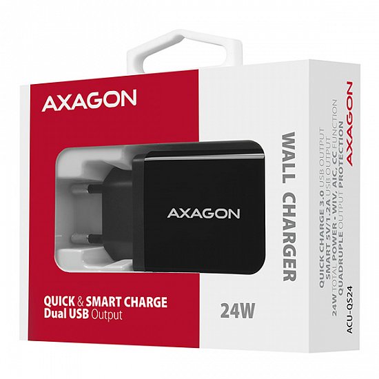 AXAGON ACU-QS24, QC & SMART nabíječka do sítě 24W, 2x USB-A port, QC3.0/AFC/FCP + 5V/1.2A