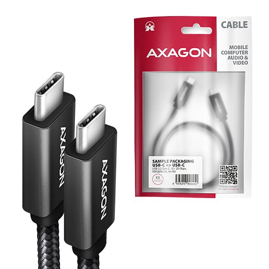 AXAGON BUCM32-CM10AB, SPEED+ kabel USB-C <-> USB-C, 1m, USB 3.2 Gen 2, PD 100W 5A, 4k HD, ALU, oplet