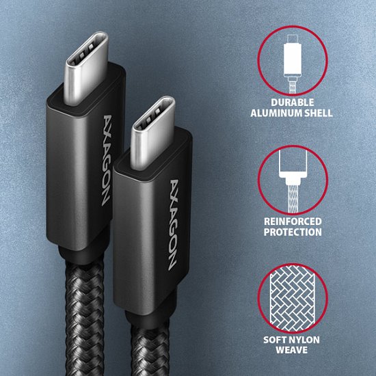 AXAGON BUCM32-CM20AB, SPEED+ kabel USB-C <-> USB-C, 2m, USB 3.2 Gen 2, PD 100W 5A, 4k HD, ALU, oplet