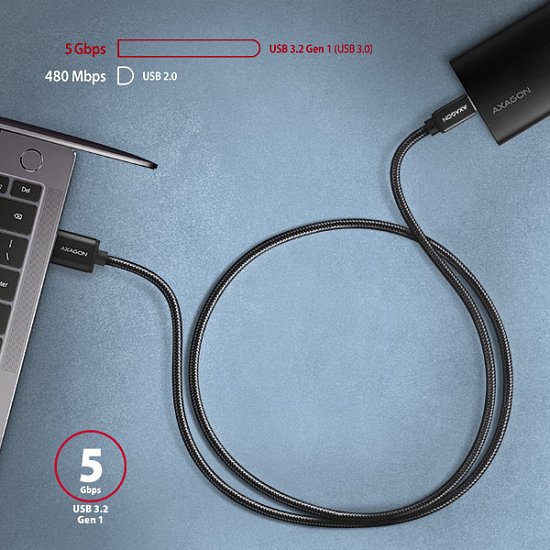 AXAGON BUCM3-AM10AB, SPEED kabel USB-C <-> USB-A, 1m, USB 3.2 Gen 1, 3A, ALU, oplet, černý