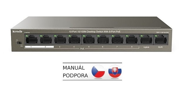 Tenda TEF1110P-8-63W PoE AT switch - 8x PoE 100 Mb/s + 2x Uplink 100 Mb/s, PoE max 63W, fanless,PoE+