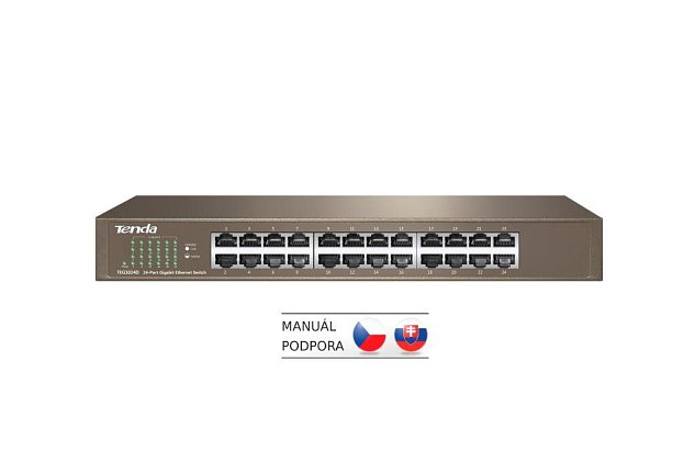 Tenda TEG1024D 24x Gigabit Switch, Fanless-bez ventilátorů, Rackmount, ochrana proti přepětí