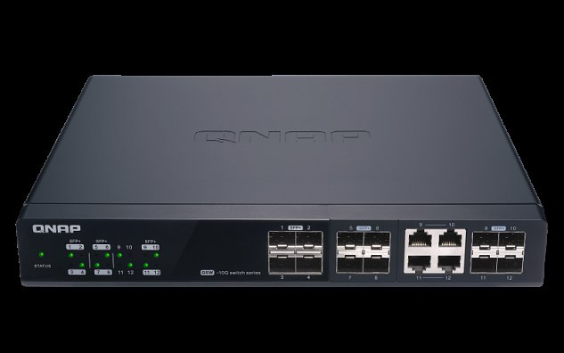 QNAP řízený switch QSW-M1204-4C: 12x 10G port SFP+ (8x SFP+ a 4x kombinované SFP+ / RJ-45)