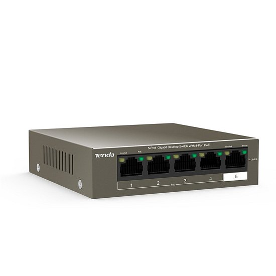 Tenda TEG1105P-4-63W PoE AT switch 4x PoE 802.3af/at, 5x 1 Gb/s, PoE celkem 63W, fanless, PoE+