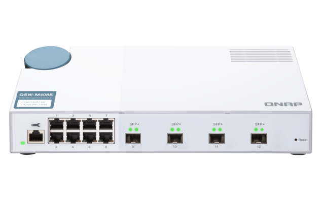 QNAP řízený switch QSW-M408S (12portů: 8x Gigabit port + 4x 10G SFP+ porty)