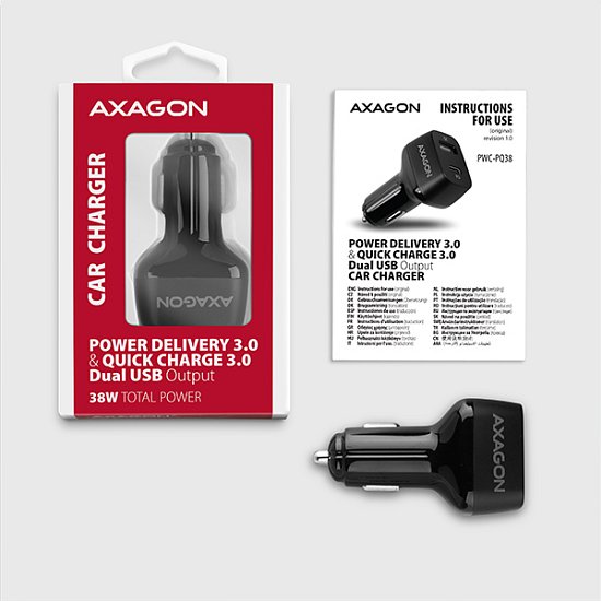 AXAGON PWC-PQ38, PD & QUICK nabíječka do auta 38W, 2x port (USB + USB-C), PD3.0/QC3.0/AFC/FCP/Apple