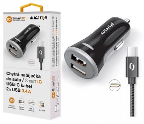 ALIGATOR Chytrá nabíječka do auta 3.4A, 2xUSB, smart IC, černá, USB-C kabel