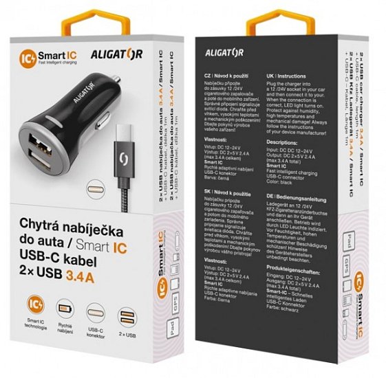 ALIGATOR Chytrá nabíječka do auta 3.4A, 2xUSB, smart IC, černá, USB-C kabel