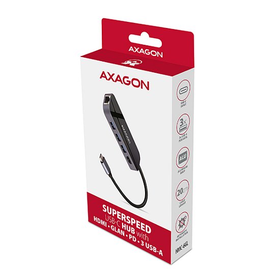 AXAGON HMC-6GL, USB 3.2 Gen 1 hub, porty 3x USB-A, HDMI, RJ-45 GLAN, USB-C PD 60W, kabel USB-C 20cm