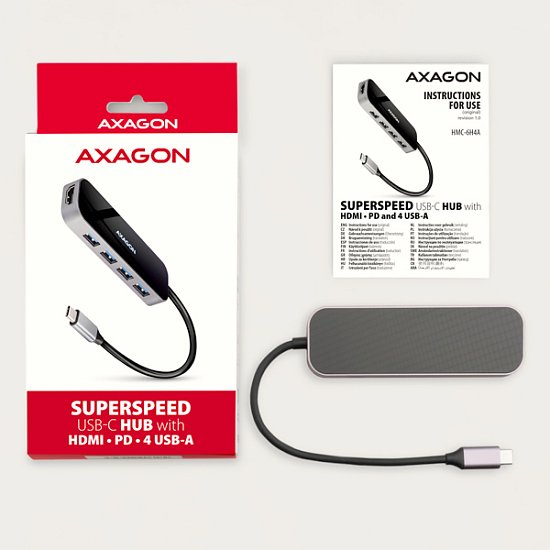 AXAGON HMC-6H4A, USB 3.2 Gen 1 hub, porty 4x USB-A, HDMI 4k/30Hz, PD 100W, kabel USB-C 20cm