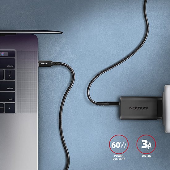 AXAGON BUCM-CM30AB, HQ kabel USB-C <-> USB-C, 3m, USB 2.0, PD 60W 3A, ALU, oplet, černý