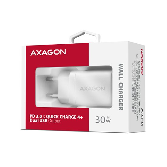 AXAGON ACU-PQ30W Sil nabíječka do sítě 30W, 2x port (USB-A + USB-C), PD3.0/PPS/QC4+/AFC/Apple, bílá