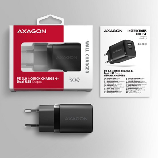 AXAGON ACU-PQ30 Sil nabíječka do sítě 30W, 2x port (USB-A + USB-C), PD3.0/PPS/QC4+/AFC/Apple, černá