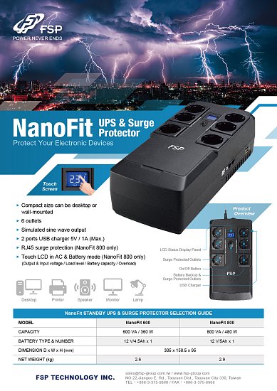 FSP/Fortron UPS NanoFit 800, 800 VA, 2xUSB power, LCD, RJ45, offline