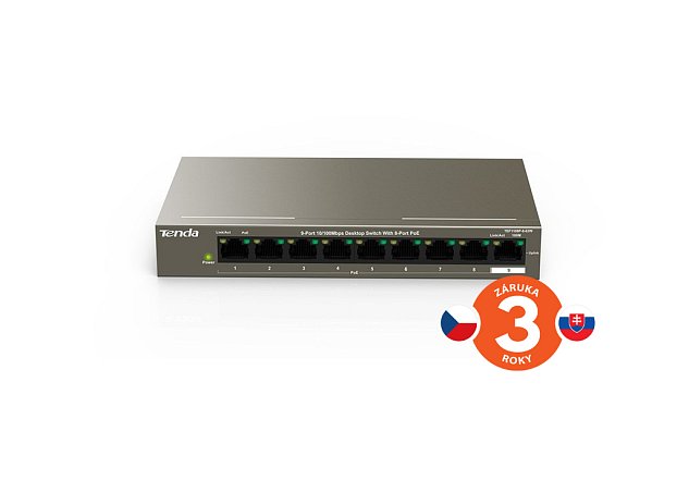 Tenda TEF1109P-8-63W PoE AT switch 8x PoE 802.3af/at, 9x 100Mb/s, PoE celkem 63W, fanless