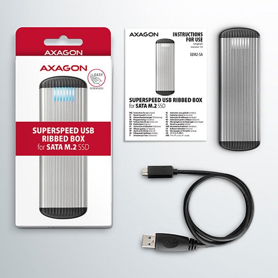 AXAGON EEM2-SA, USB micro-B 3.2 Gen 1 - M.2 SATA SSD kovový RIBBED box, bezšroubkový