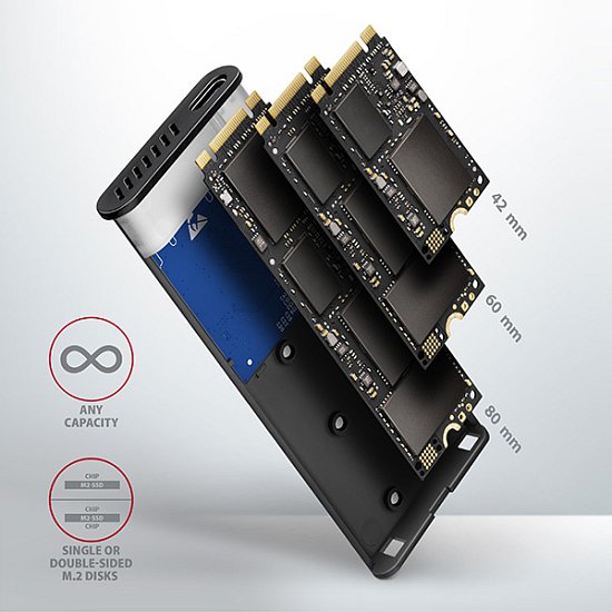 AXAGON EEM2-SB2, USB-C 3.2 Gen 2 - M.2 NVMe & SATA SSD kovový RAW box, bezšroubkový, černý + ŠÁTEK