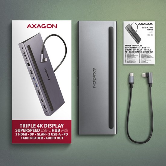 AXAGON HMC-4KX3 USB 5Gbps hub, 3x USB-A, 2x HDMI, DP, RJ-45, SD/microSD, audio, PD 100W, kabel 40cm