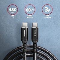 AXAGON BUCM-CM15AB, HQ kabel USB-C <-> USB-C, 1.5m, USB 2.0, PD 60W 3A, ALU, oplet, černý