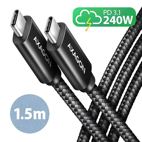 AXAGON BUCM2-CM15AB, CHARGE kabel USB-C <-> USB-C, 1.5m, Hi-Speed USB, PD 240W 5A, ALU, oplet, černý