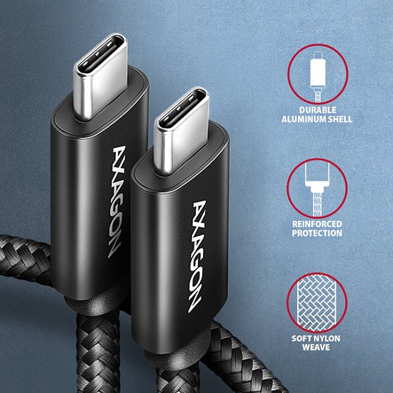 AXAGON BUCM2-CM20AB, CHARGE kabel USB-C <-> USB-C, 2m, Hi-Speed USB, PD 240W 5A, ALU, oplet, černý