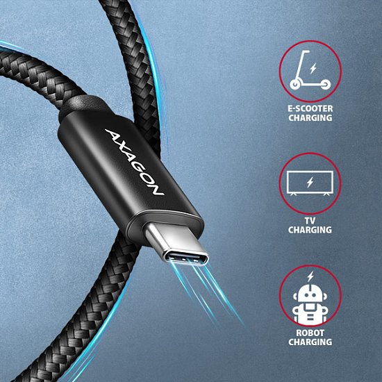 AXAGON BUCM2-CM20AB, CHARGE kabel USB-C <-> USB-C, 2m, Hi-Speed USB, PD 240W 5A, ALU, oplet, černý