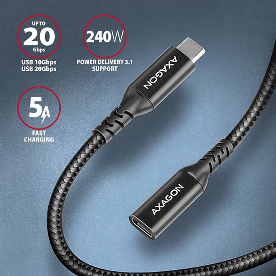 AXAGON BUCM32-CF10AB prodlužovací kabel USB-C (M) <-> USB-C (F), 1m, USB 20Gbps, PD 240W, ALU, oplet