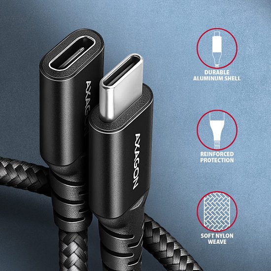 AXAGON BUCM32-CF10AB prodlužovací kabel USB-C (M) <-> USB-C (F), 1m, USB 20Gbps, PD 240W, ALU, oplet