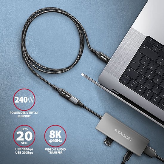 AXAGON BUCM32-CF05AB prodlužovací kabel USB-C (M) <-> USB-C (F), 0.5m, USB 20Gbps, PD 240W ALU oplet