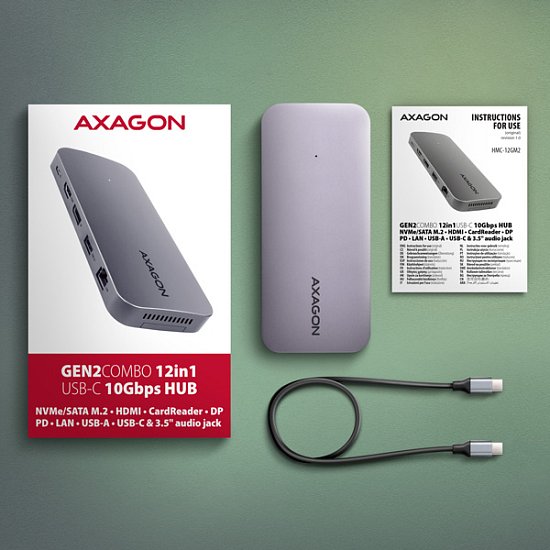 AXAGON HMC-12GM2, USB 10Gbps hub, 3x USB-A, USB-C,  HDMI, DP, RJ-45 GLAN, M.2, SD/mSD, audio, PD