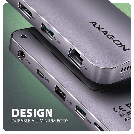 AXAGON HMC-12GM2, USB 10Gbps hub, 3x USB-A, USB-C,  HDMI, DP, RJ-45 GLAN, M.2, SD/mSD, audio, PD