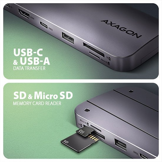 AXAGON HMC-6GM2, USB 10Gbps hub, USB-A, USB-C,  HDMI, M.2 slot, SD/MicroSD, PD 100W, kabel 20cm