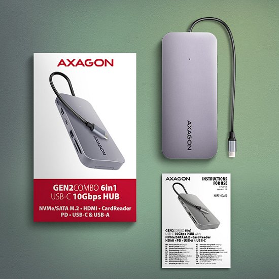 AXAGON HMC-6GM2, USB 10Gbps hub, USB-A, USB-C,  HDMI, M.2 slot, SD/MicroSD, PD 100W, kabel 20cm