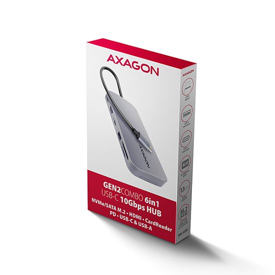 AXAGON HMC-6GM2, USB 10Gbps hub, USB-A, USB-C,  HDMI, M.2 slot, SD/MicroSD, PD 100W, kabel 20cm