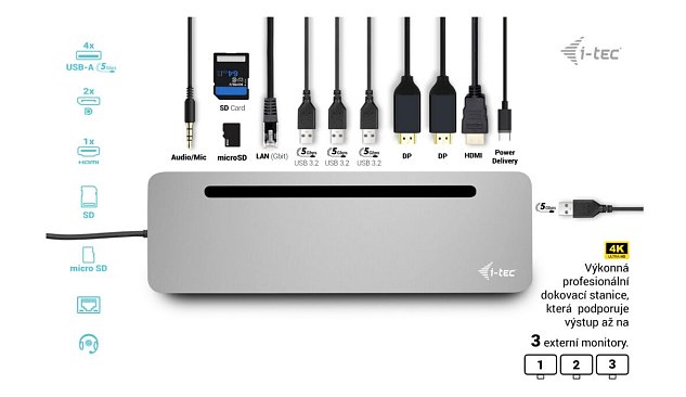 i-tec USB-C Metal Ergonomic 3x 4K Display Docking Station, PD100W + i-tec Universal Charger 100W